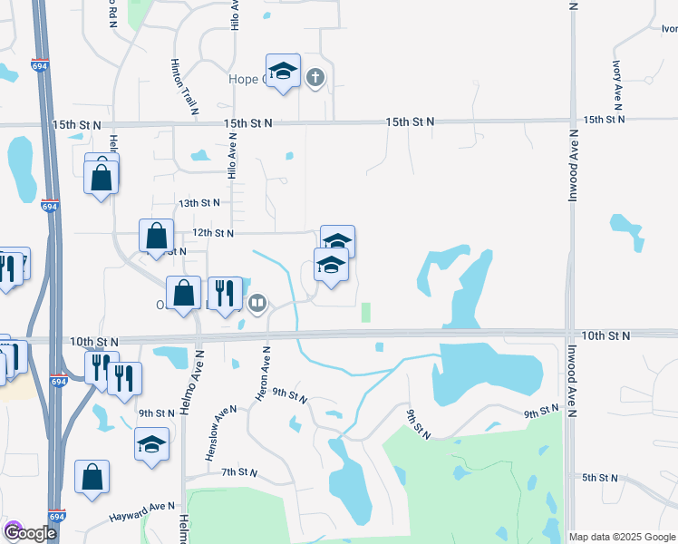 map of restaurants, bars, coffee shops, grocery stores, and more near 1100 Heron Avenue North in Saint Paul