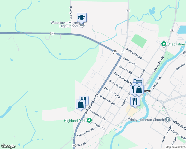 map of restaurants, bars, coffee shops, grocery stores, and more near 209 Jefferson Avenue Southwest in Watertown