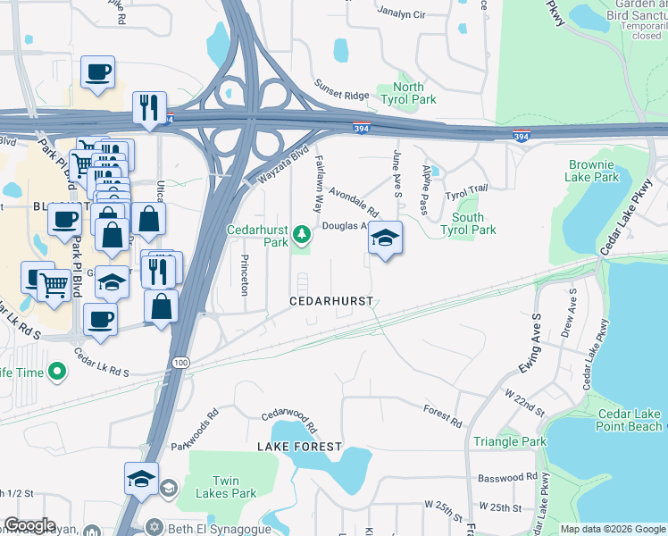 map of restaurants, bars, coffee shops, grocery stores, and more near 4584 Cedar Lake Road in Minneapolis