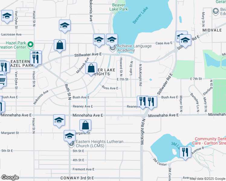 map of restaurants, bars, coffee shops, grocery stores, and more near 2176 Ross Avenue East in Saint Paul