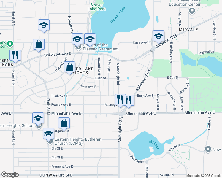 map of restaurants, bars, coffee shops, grocery stores, and more near 802 Lake Street North in Saint Paul