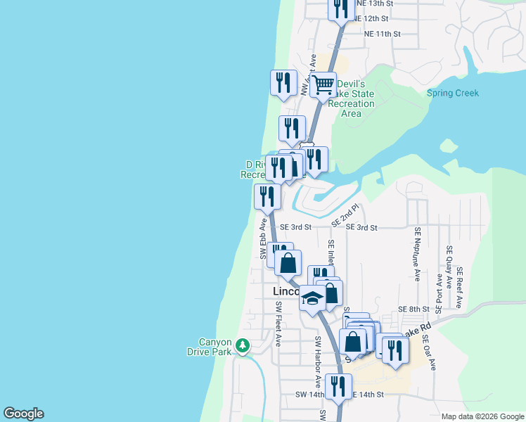 map of restaurants, bars, coffee shops, grocery stores, and more near 247 Southwest Ebb Avenue in Lincoln City