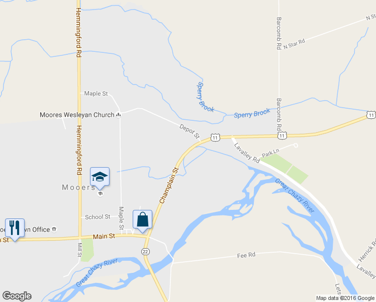 map of restaurants, bars, coffee shops, grocery stores, and more near U.S. 11 in Mooers