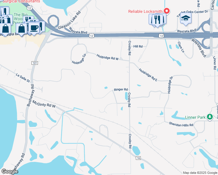 map of restaurants, bars, coffee shops, grocery stores, and more near 16206 Ringer Road in Wayzata
