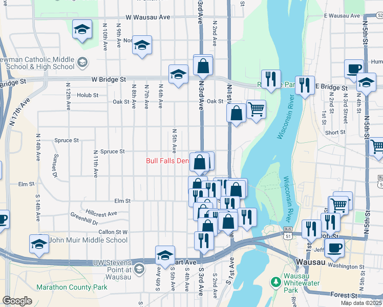 map of restaurants, bars, coffee shops, grocery stores, and more near 231 N 4th Ave in Wausau
