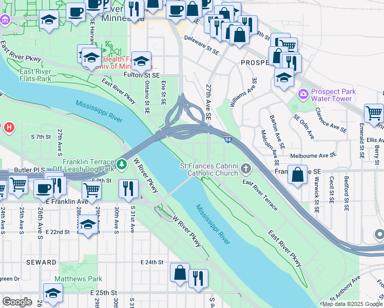 map of restaurants, bars, coffee shops, grocery stores, and more near 1155 East River Parkway in Minneapolis