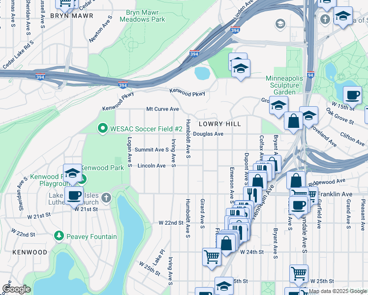 map of restaurants, bars, coffee shops, grocery stores, and more near 1502 Summit Avenue in Minneapolis