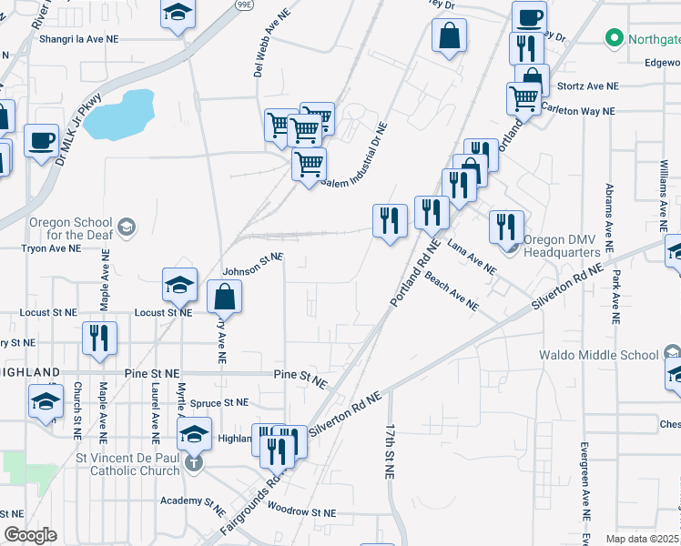 map of restaurants, bars, coffee shops, grocery stores, and more near 3029 Industrial Way Northeast in Salem