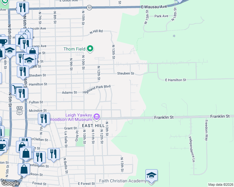 map of restaurants, bars, coffee shops, grocery stores, and more near 1012 North 15th Street in Wausau