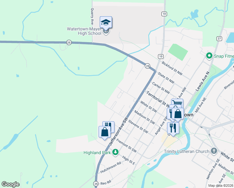 map of restaurants, bars, coffee shops, grocery stores, and more near 605 Stevens Street Southwest in Watertown