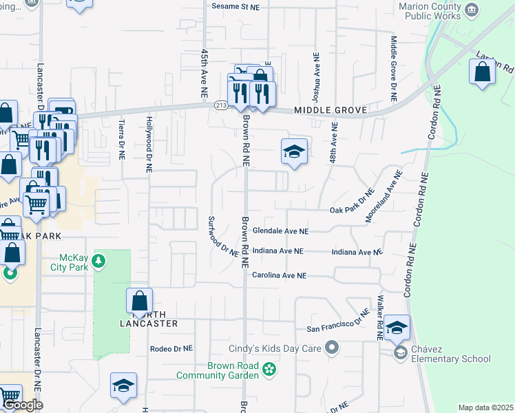 map of restaurants, bars, coffee shops, grocery stores, and more near 4623 Texas Avenue Northeast in Salem