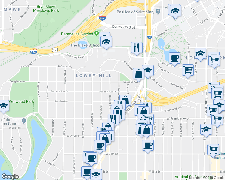 map of restaurants, bars, coffee shops, grocery stores, and more near 1787 Dupont Avenue South in Minneapolis