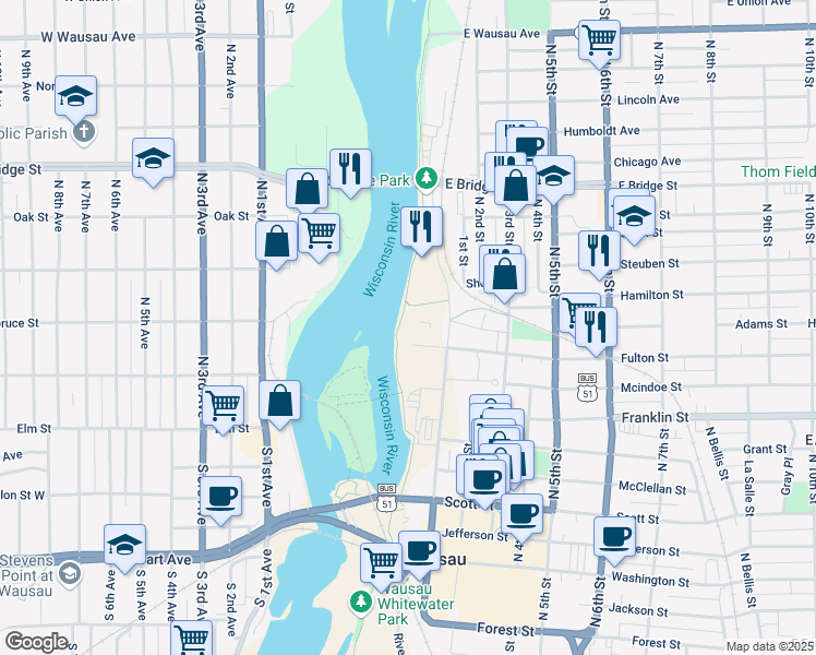 map of restaurants, bars, coffee shops, grocery stores, and more near 1010 1st St in Wausau