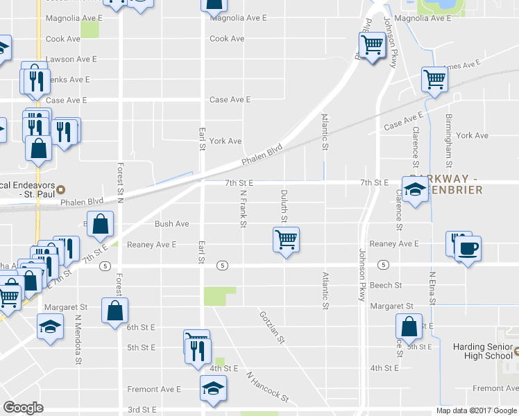 map of restaurants, bars, coffee shops, grocery stores, and more near 1134 Ross Avenue in Saint Paul