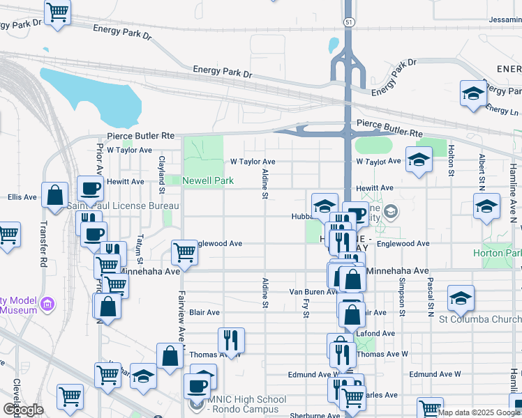 map of restaurants, bars, coffee shops, grocery stores, and more near 1709 Hubbard Avenue in Saint Paul
