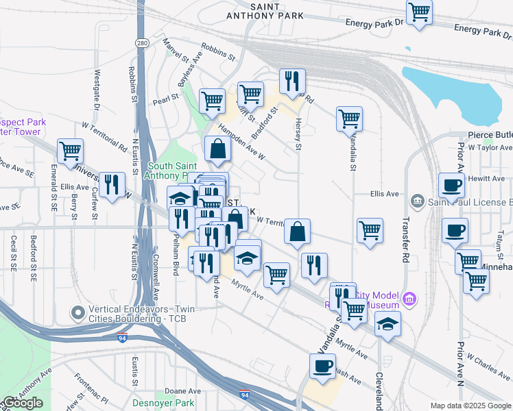 map of restaurants, bars, coffee shops, grocery stores, and more near 2321 West Territorial Road in Saint Paul
