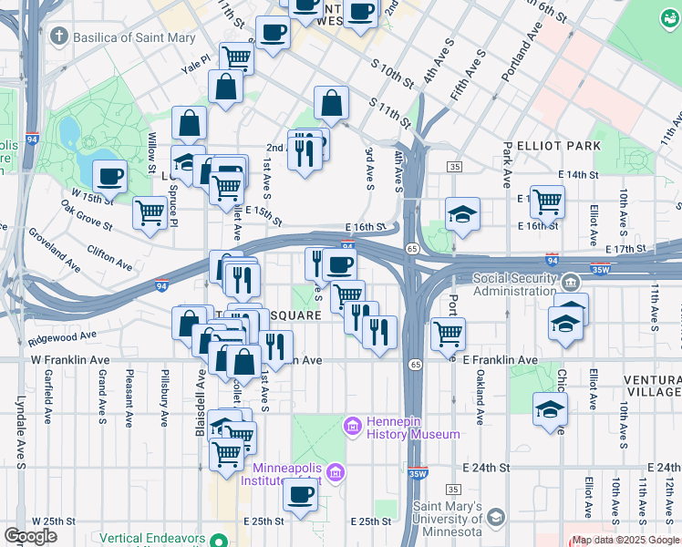 map of restaurants, bars, coffee shops, grocery stores, and more near 1728 3rd Avenue South in Minneapolis