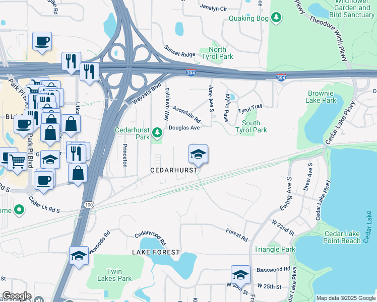 map of restaurants, bars, coffee shops, grocery stores, and more near 4418 Cedar Lake Road in Minneapolis