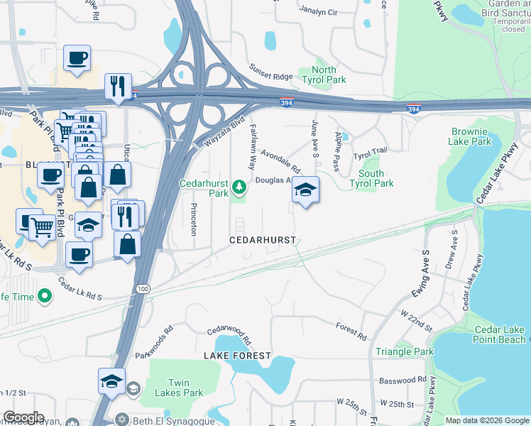 map of restaurants, bars, coffee shops, grocery stores, and more near 4584 Cedar Lake Road in Minneapolis