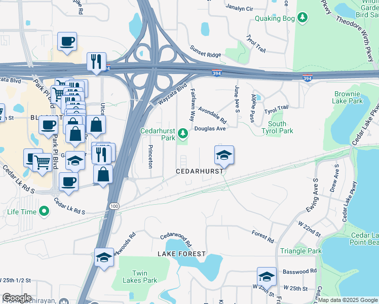 map of restaurants, bars, coffee shops, grocery stores, and more near 4584 Cedar Lake Road in Minneapolis