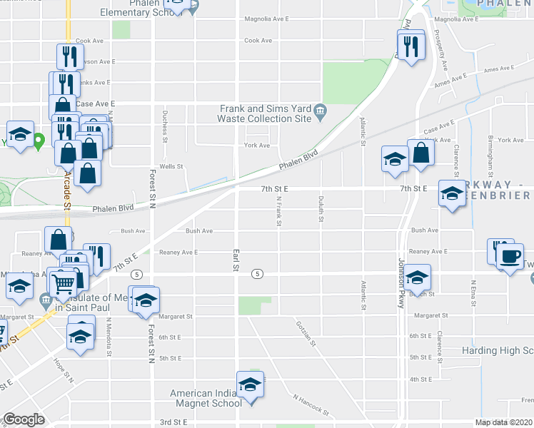 map of restaurants, bars, coffee shops, grocery stores, and more near 1106 Ross Avenue in Saint Paul