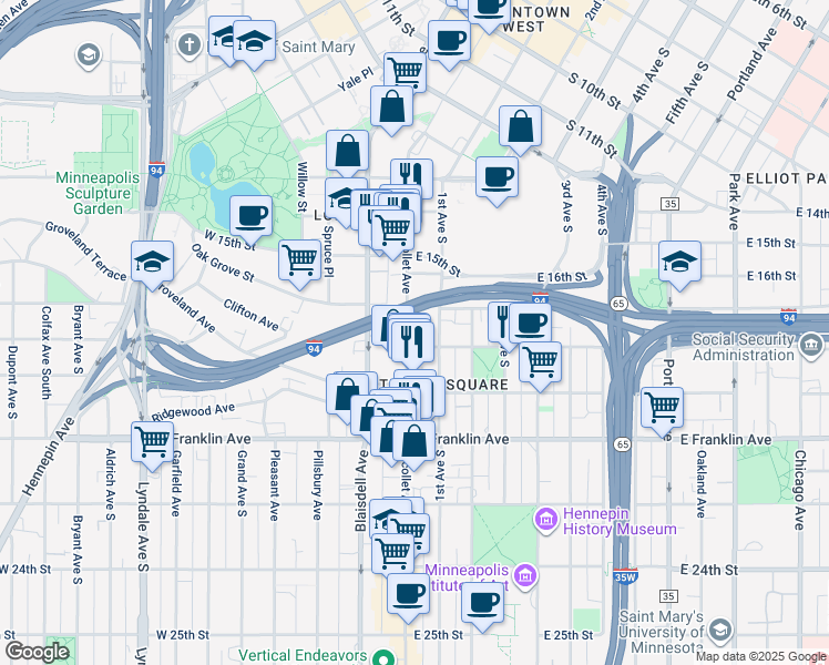 map of restaurants, bars, coffee shops, grocery stores, and more near 10 East 18th Street in Minneapolis