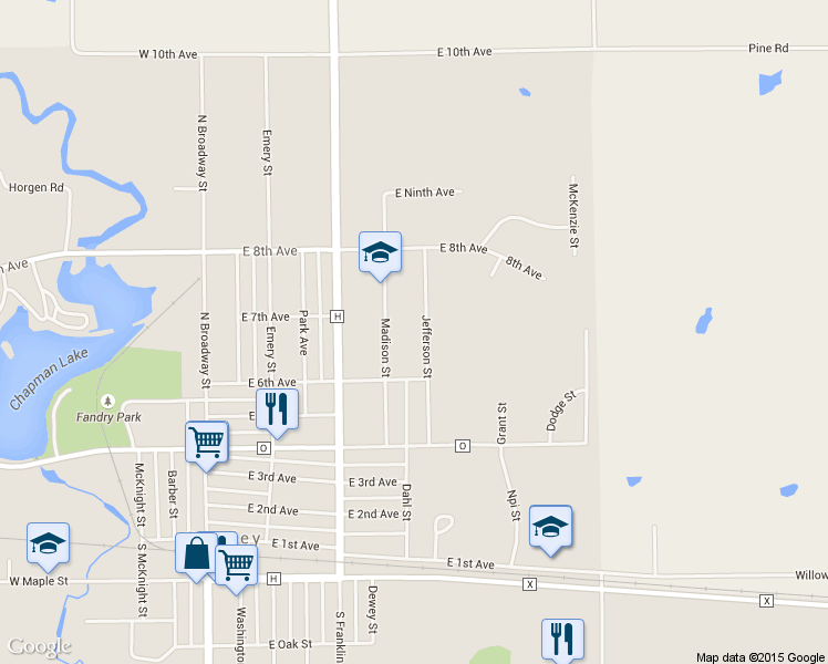 map of restaurants, bars, coffee shops, grocery stores, and more near 631 Jefferson Street in Stanley