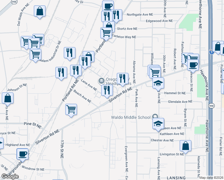 map of restaurants, bars, coffee shops, grocery stores, and more near 2016 Highway Avenue Northeast in Salem