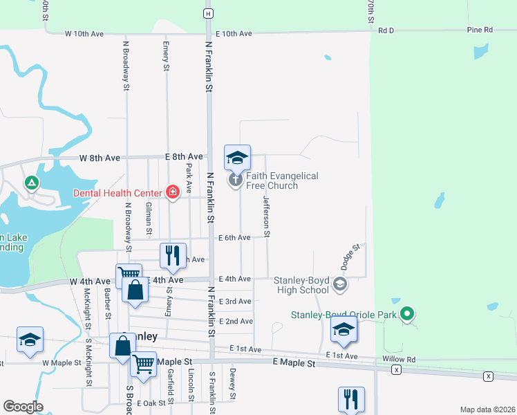 map of restaurants, bars, coffee shops, grocery stores, and more near 631 Jefferson Street in Stanley