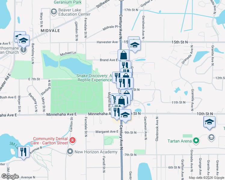 map of restaurants, bars, coffee shops, grocery stores, and more near 792 Mayhill Road North in Maplewood