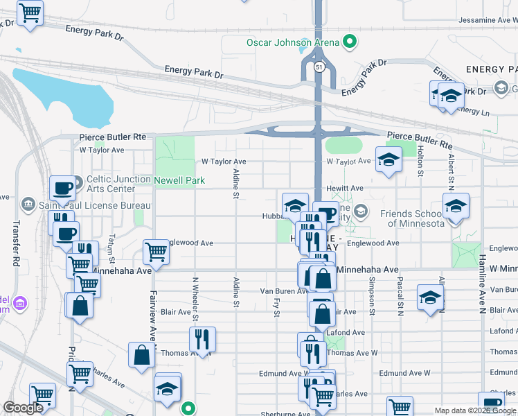 map of restaurants, bars, coffee shops, grocery stores, and more near 1671 Hubbard Avenue in Saint Paul