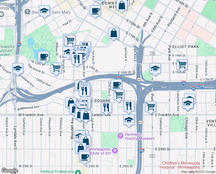 map of restaurants, bars, coffee shops, grocery stores, and more near 1714 2nd Avenue South in Minneapolis