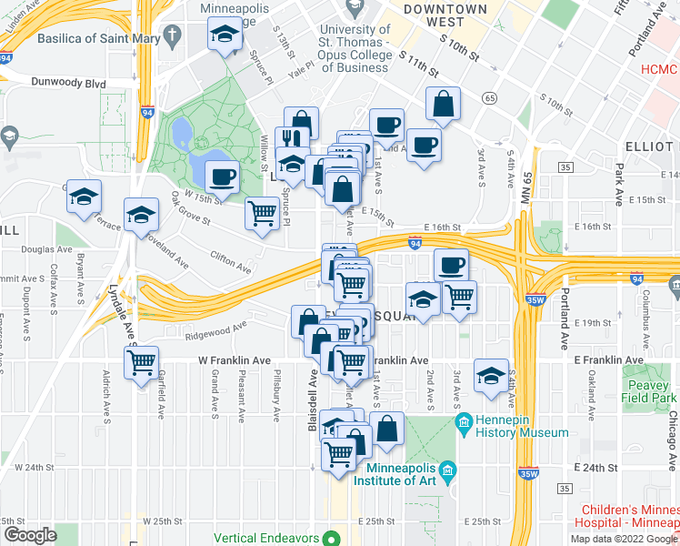 map of restaurants, bars, coffee shops, grocery stores, and more near 1724 Nicollet Avenue in Minneapolis