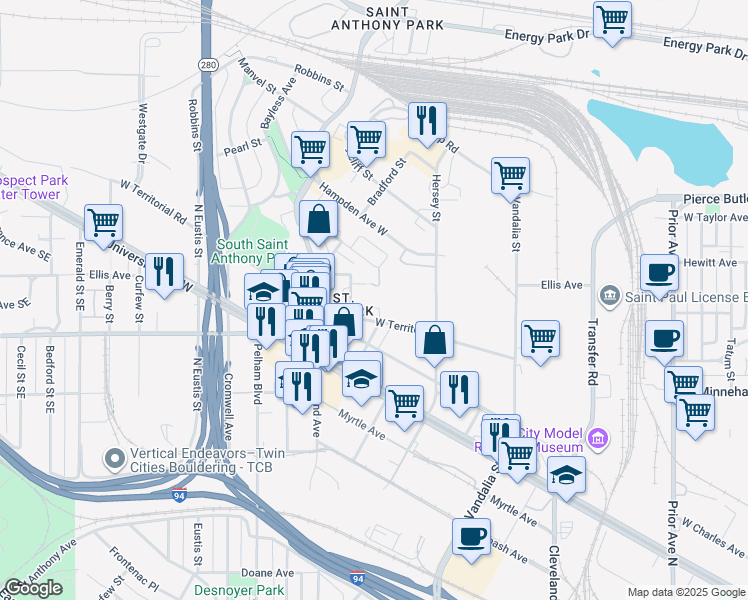 map of restaurants, bars, coffee shops, grocery stores, and more near 2321 West Territorial Road in Saint Paul
