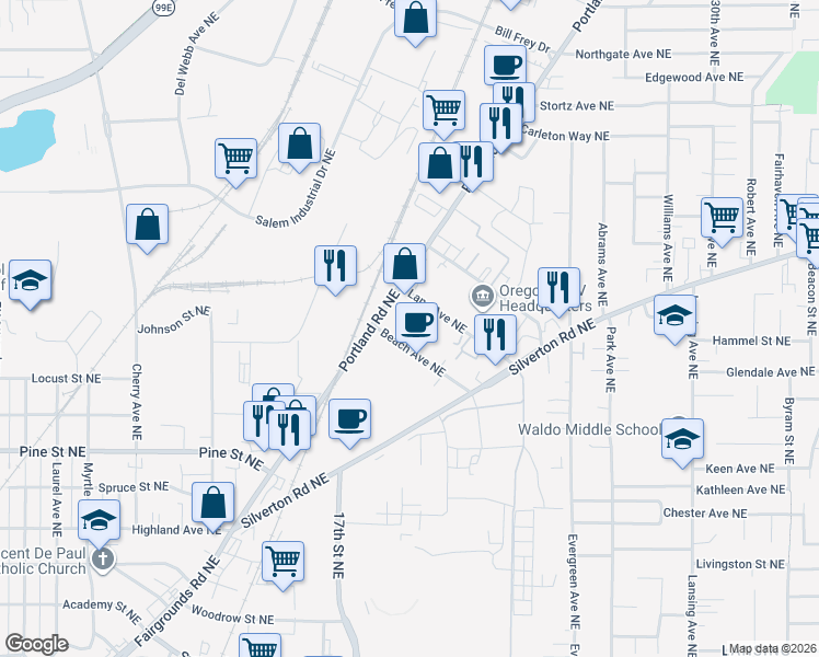 map of restaurants, bars, coffee shops, grocery stores, and more near 1785 Beach Avenue Northeast in Salem