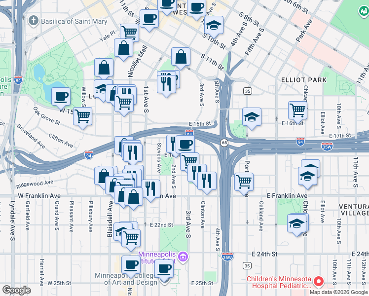 map of restaurants, bars, coffee shops, grocery stores, and more near 1728 3rd Avenue South in Minneapolis