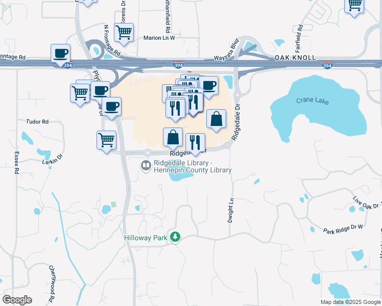 map of restaurants, bars, coffee shops, grocery stores, and more near 12441 Ridgedale Drive in Minnetonka