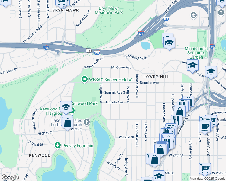 map of restaurants, bars, coffee shops, grocery stores, and more near 1724 Summit Avenue in Minneapolis