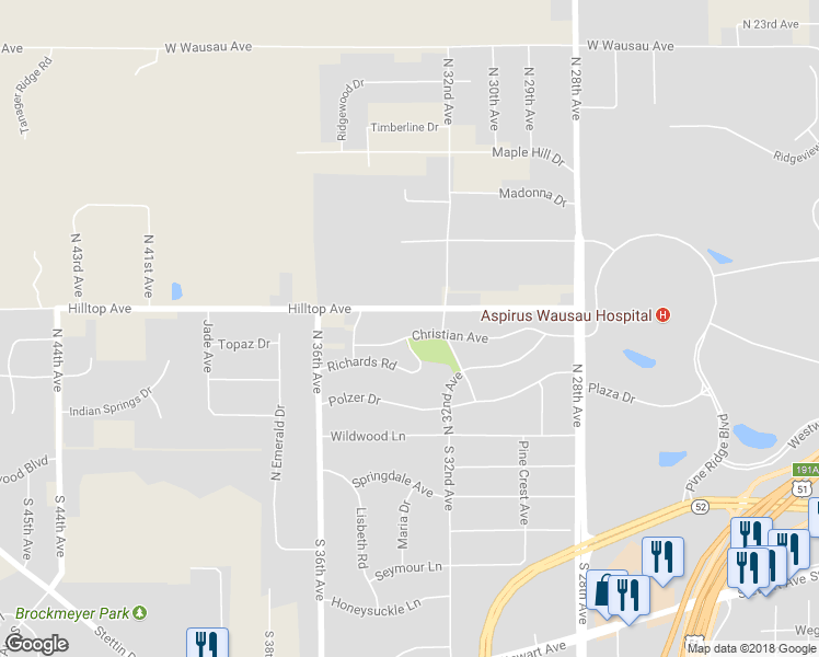 map of restaurants, bars, coffee shops, grocery stores, and more near 3304 Christian Avenue in Wausau