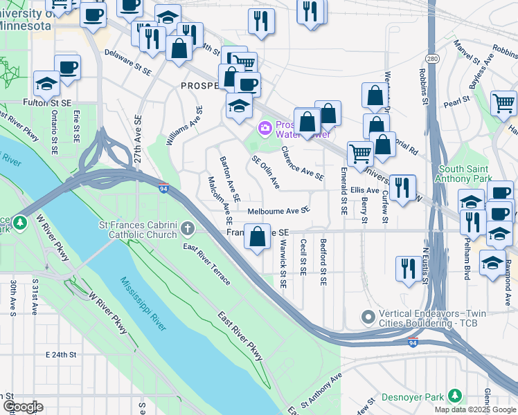 map of restaurants, bars, coffee shops, grocery stores, and more near 100 Melbourne Avenue Southeast in Minneapolis