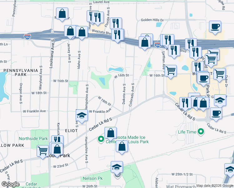 map of restaurants, bars, coffee shops, grocery stores, and more near 1801 Edgewood Avenue South in Minneapolis