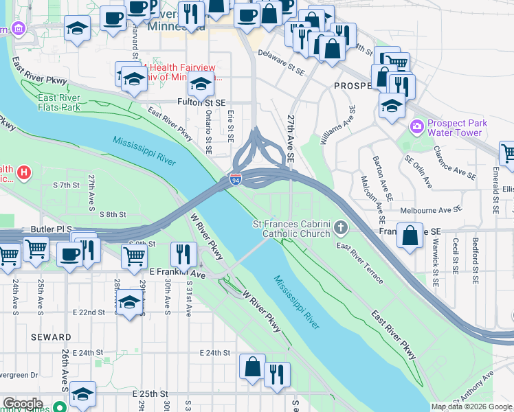 map of restaurants, bars, coffee shops, grocery stores, and more near East River Parkway in Minneapolis