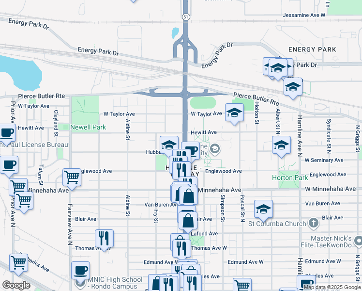 map of restaurants, bars, coffee shops, grocery stores, and more near 1601 Hubbard Avenue in Saint Paul