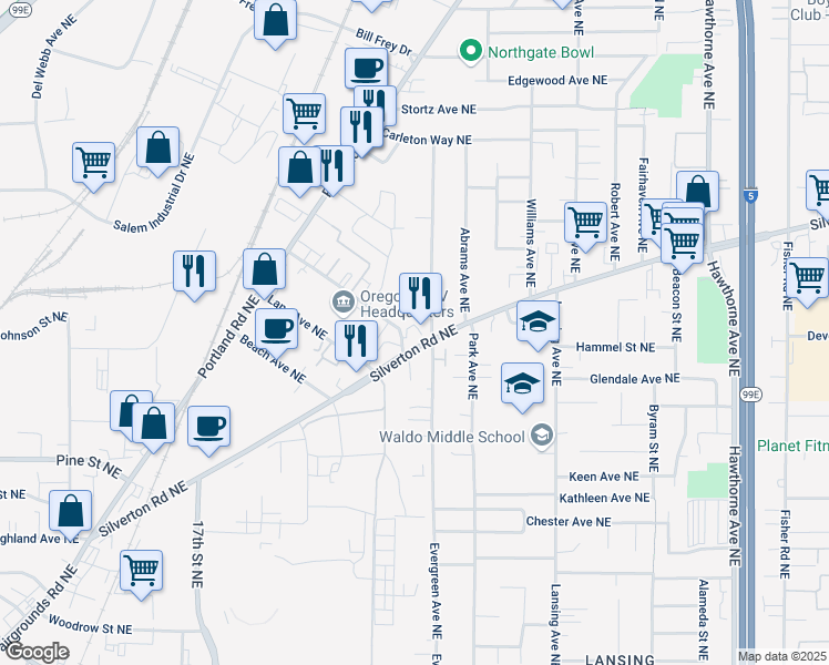 map of restaurants, bars, coffee shops, grocery stores, and more near 2555 Silverton Road Northeast in Salem