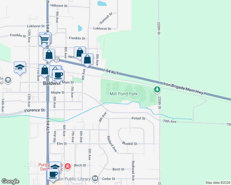 map of restaurants, bars, coffee shops, grocery stores, and more near in Baldwin
