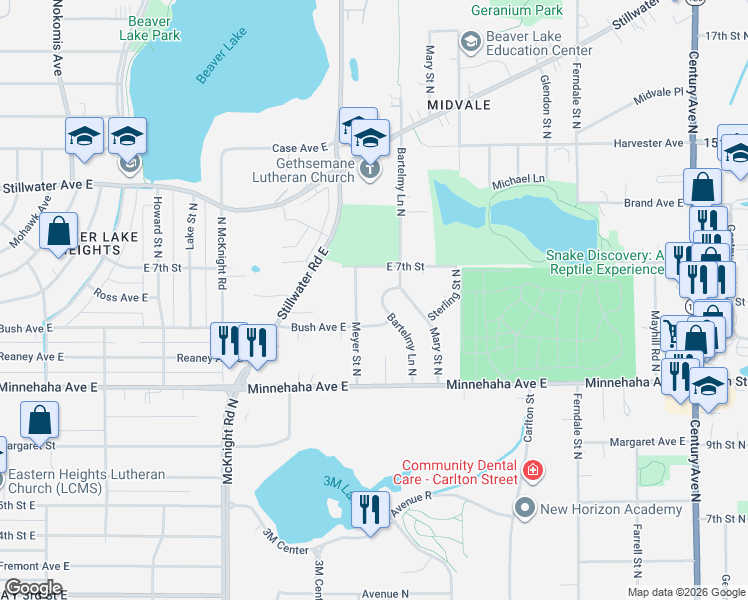 map of restaurants, bars, coffee shops, grocery stores, and more near 809 Bartelmy Lane North in Maplewood