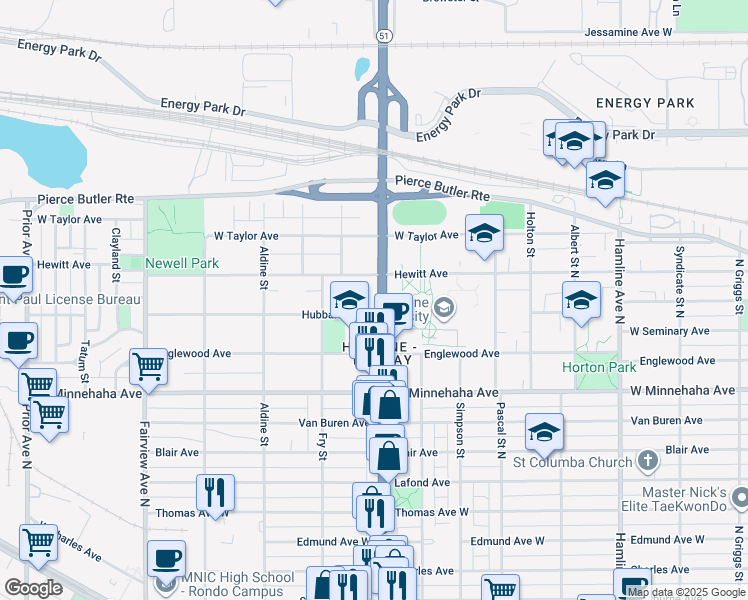 map of restaurants, bars, coffee shops, grocery stores, and more near 1601 Hubbard Avenue in Saint Paul