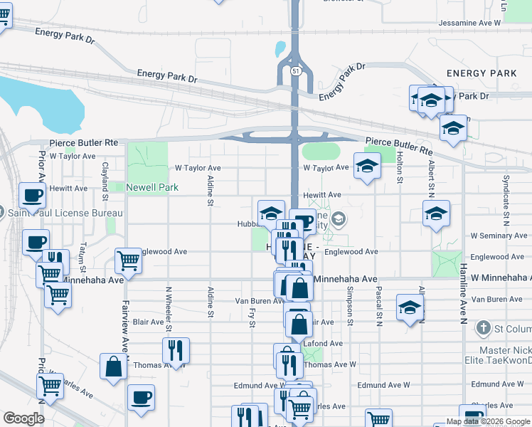 map of restaurants, bars, coffee shops, grocery stores, and more near 1631 Hubbard Avenue in Saint Paul