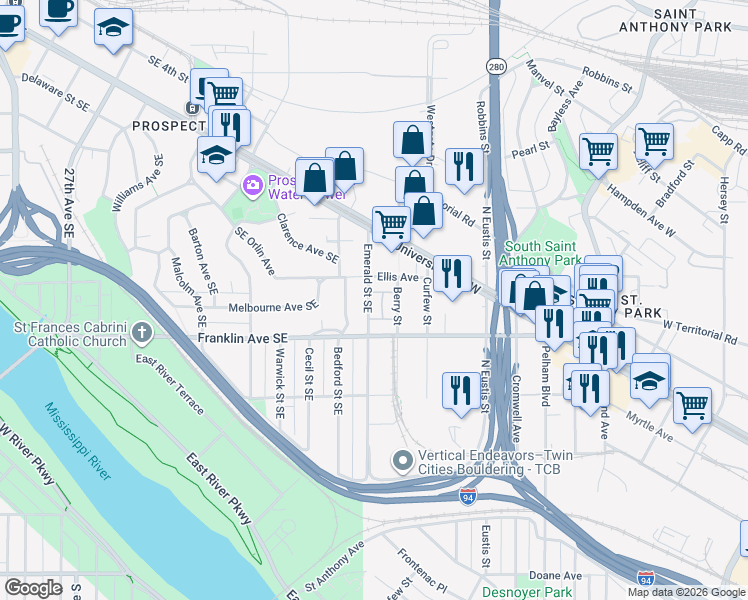 map of restaurants, bars, coffee shops, grocery stores, and more near 2564 Franklin Avenue in Saint Paul
