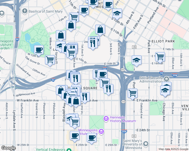 map of restaurants, bars, coffee shops, grocery stores, and more near 1724 2nd Avenue South in Minneapolis
